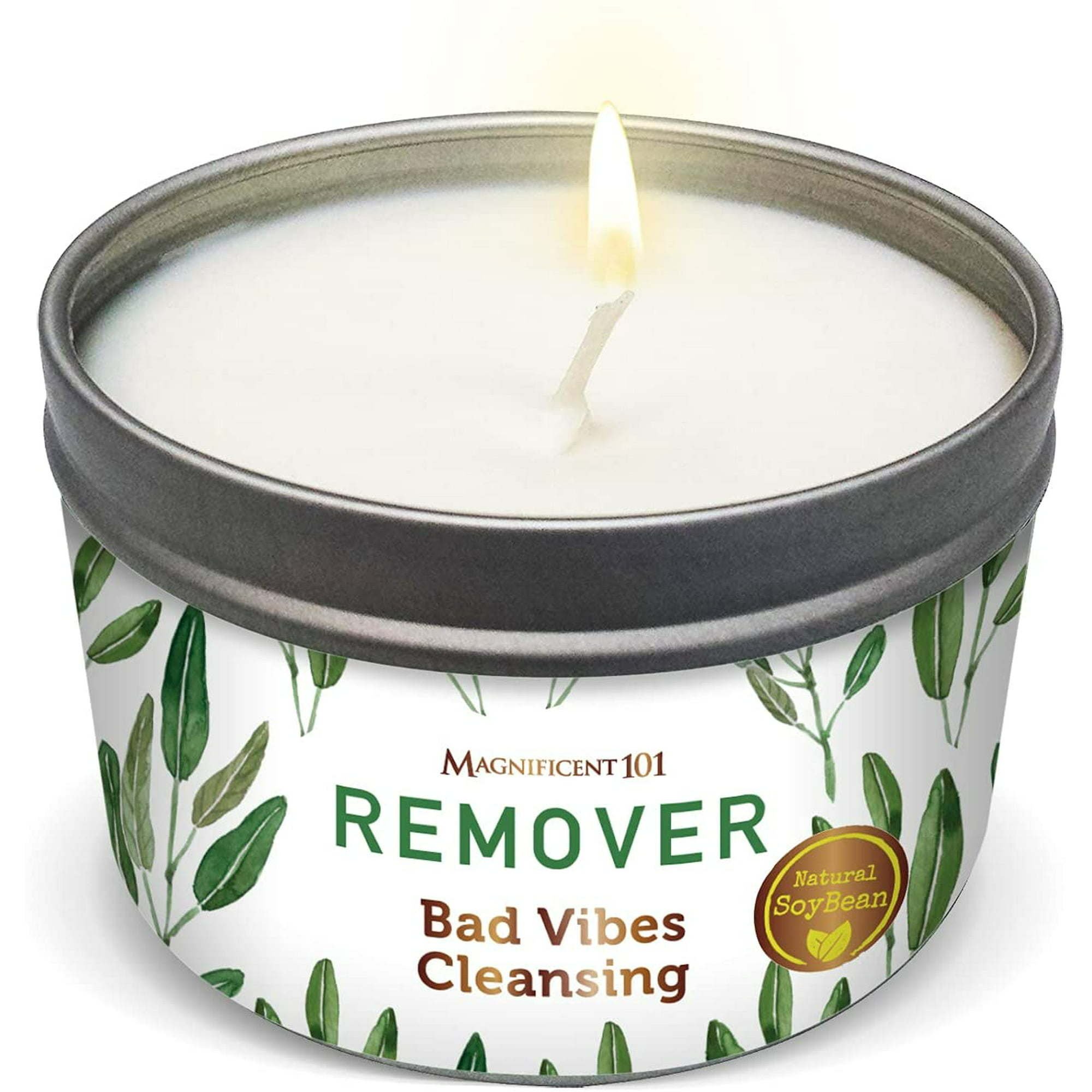 Magnificent 101 Long Lasting Remover Smudge Candle | 6 Oz - 35 Hour Burn | All Natural Pure Sage Scented Soy Wax Candle for House Energy Cleansing & M Magnificent 101 Long Lasting Remover Smudge Candle | 6 Oz - 35 Hour Burn | All Natural Pure Sage Scented Soy Wax Candle for House Energy Cleansing & M